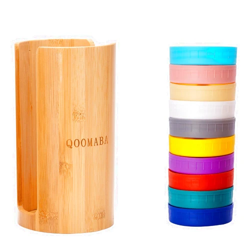 QOOMABA Plastic Mason Jar Lids 10PCS With One Bamboo Mason Jar Lid Organizer - Leak-Proof and Space-Saving (Wide)