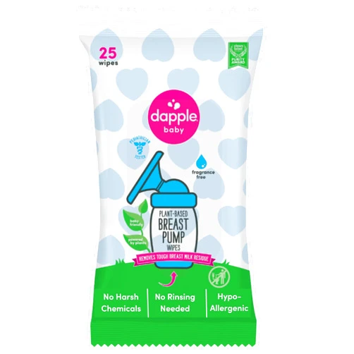 Dapple Breast Pump Wipes by Dapple Baby, Hypoallergenic & Powered by Plants, Removes Milk Residue, Leaves No Taste, Convenient Wipes Pouch, Fragrance Free, 25 Count (Pack of 1)