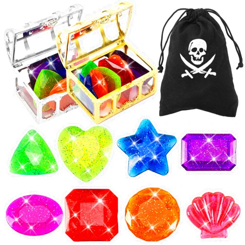 MARFOREVER 18 Pcs Big Diving Gem Pool Toys - 16 Colorful Sinking Diving Gems Underwater Crystals Swim Pool Toys with 2 Treasure Chest Pirate Boxes Acrylic Gemstones Set for Summer Party Favors