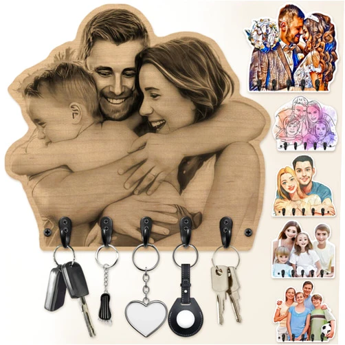 YanNanKe Custom Photo Wooden Key Holder for Wall Personalized Key Rack Picture Frame with Key Hooks Customized Key Hanger with 5 Hooks Rustic Home Decor Gifts