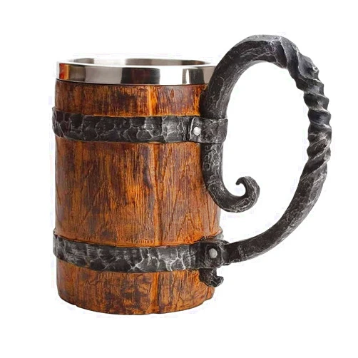 Generic Wooden Beer Mug Beer Barrel, Large Viking Cup Wood Style Beer Mug Tankard with Handle, Antique gifts for Men Bar Restaurant Vintage Bar Accessories(18.60oz/550ml)