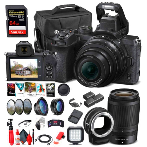 Nikon Z 50 Mirrorless Digital Camera with 16-50mm Lens (1633) + 50-250mm Lens + FTZ Mount Adapter + 2 x EN-EL25 Battery + 64GB Card + Case + Corel Photo Software + More (International Model) (Renewed)