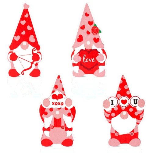WATINC 4PCS Valentine Gnome Wooden Sign Table Decor, Happy Valentine's Day Gnomes Tabletop Wood Centerpiece, Sweet Valentines Wedding Anniversary Tiered Tray Decoration for Home (Double Printed)