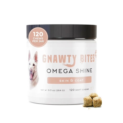 Gnawty Pets Gnawty Bites Omega Shine | Dog Skin and Coat Supplement for Healthy & Lustrous Coat with Omega 3-6-9 & Fish Oil | Dry, Irritated, & Itchy Skin Relief for Dogs, 120 Soft Chews