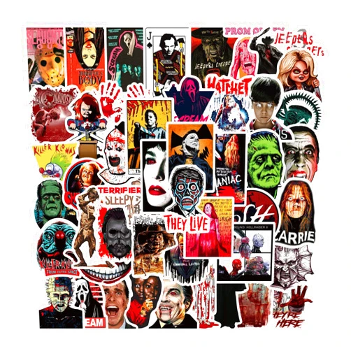 Asverbet Horror Movie Stickers Pack, 50Pcs Vinyl Waterproof Decals for Laptop, Water Bottle, Skateboard, Halloween Themed Bulk for Adults & Kids