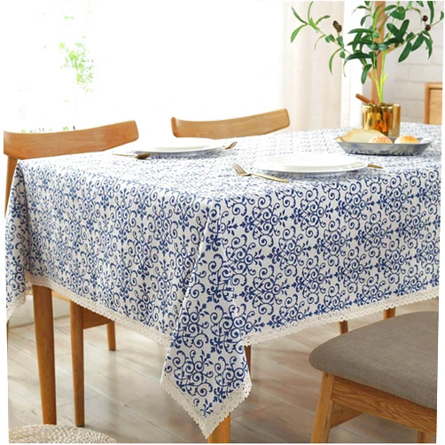 Bringsine Washable Cotton Linen Fabric Vintage Navy Damask Pattern Decorative Macrame Lace Square Tablecloth Dinner Picnic Table Cloth Home Decorative Table Cover （Square, 36 x 36 Inch）