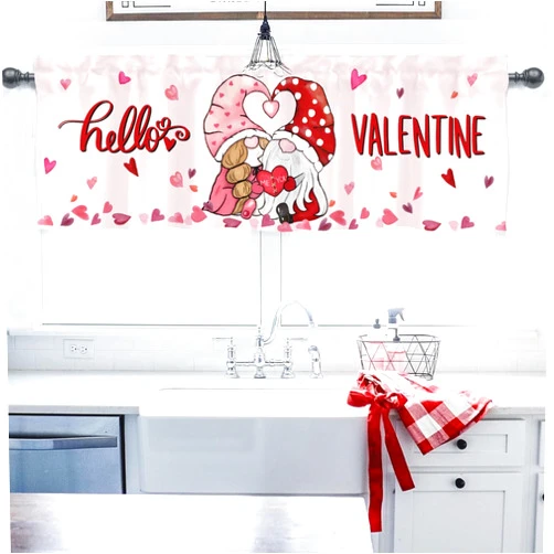 EyMzcod Valentine's Day Gnome Curtains Valance for Kitchen Window, Hello Valentine Red Love Heart Holiday Short Half Rod Pocket, Home Farmhouse Living Room Bedroom Wedding Anniversary Decor 54