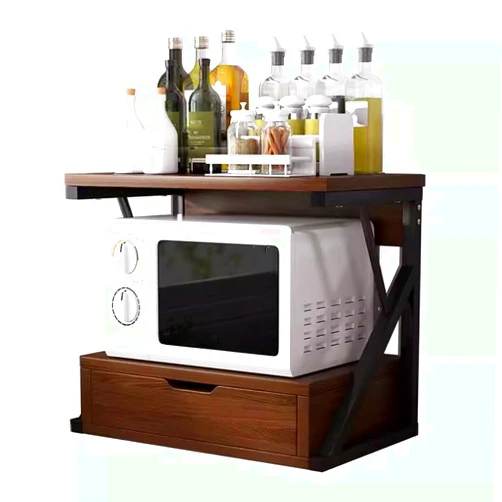 FLTRGO 2-Tier Microwave Oven Rack Organizer, Microwave Storage Rack Countertop Organizer, Metal & Wood Bakers Racks with Drawer for Kitchens, for Countertop, Kitchen, Office Desk, Living Room