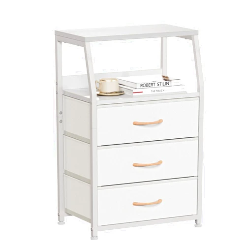 Furnulem White Nightstand with 3 Drawers and 2-Tier Shelf, Small Night Stand End Table Side Furniture, Fabric Storage Organizer for Bedroom, Closet, Hallway, Nursery, Sturdy Steel Frame, Wood Top