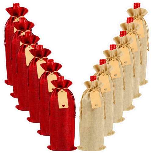 Shintop 12Pcs Burlap Wine Bags, Christmas Wine Gift Bags Reusable Wine Bottle Bags with Drawstring for Christmas, Wedding, Blind Tastings, Birthday (Brown+ Red)