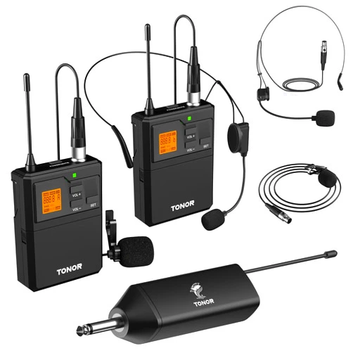 TONOR UHF Wireless Microphone System with Dual Headset Microphones/Lavalier Lapel Mics, Bodypack Transmitters, Mini Rechargeable Receiver, 2x15 Channels 200ft Range, for Recording Speech PA Speaker