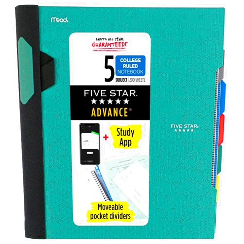 Five Star Advance Spiral Notebook + Study App, 5 Subject, College Ruled Paper, 8-1/2