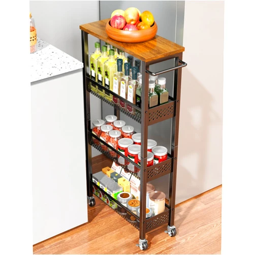 OKZEST Utility Slim Storage Cart, 4 Tier Small Rolling Kitchen Laundry Room Cart with Wood Top, Metal Narrow Bathroom Storage Cabinet Mobile Shelf Unit Organizer Trolley with Handle for Narrow Space