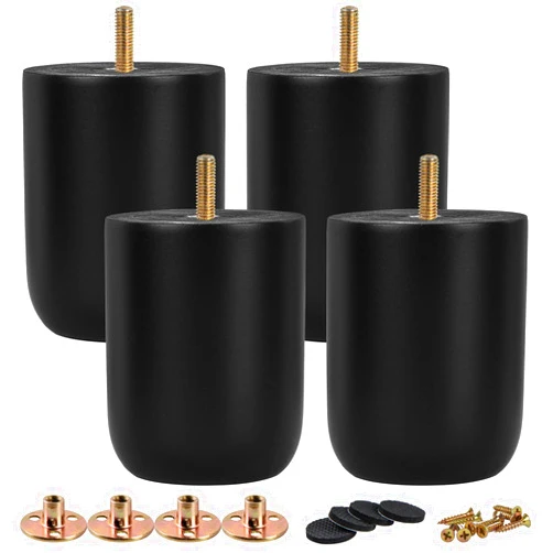 TCHOSUZ 4 inch / 10cm Wooden Furniture Legs, Pack of 4 Black Solid Wood Round DIY Replacement Feet with M8 Hanger Bolts & T-Nuts or Sofa Table Couch Cabinet Recliner Ottoman Riser