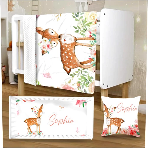 YISMEET Personalized Baby Crib Bedding Set, Infant Set with Their Name, Including Double Layer Blanket, Crib Sheet, Pillowcase,Newborns Gifts