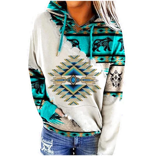 SMIDOW Women's Western Aztec Ethnic Style Hooded Sweatshirts Casual Folk Pullover Long Sleeve Pocket Hoodies