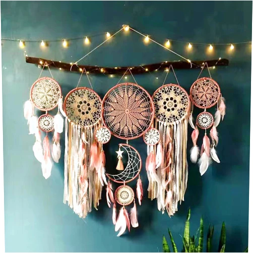 GSWPIP 5 Pieces Moon Sun Dream Catcher Wall Decor, Boho Macrame Woven Wall Hanging, Dream Catchers with with Feathers,Handmade Bohemian Home Decor Art Craft for Bedroom Adult Dorm Room Decorations(Pink)