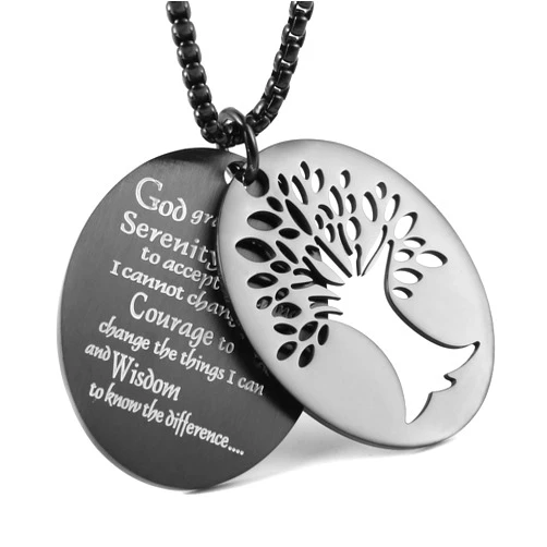 HZMAN Two Piece Serenity Prayer Stainless Steel Pendant Necklace With Tree Of Life Cut Out 22+2