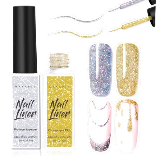 Makartt Nail Art Gel Liner Polish Set 8ml, 2 Colors Reflective Glitter Silver Gold Gel Nail Art Paint Soak Off UV Curing Built in Thin Nail Brush DIY Art Design Home & Nail Salon Manicure Drawing Kit