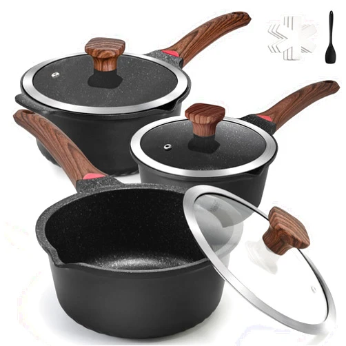 VINCHEF Sauce Pan Set with Lid 10PCS, 2QT+3QT+4QT Non Stick Sauce Pots Cooking Induction Pot set, Silicone Tools and Pot Protectors, PFAS and PFOA Free Black