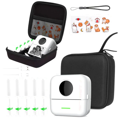 HuiJuKeJi Mini Inkless Printer for iOS&Android with Hard Protection Portable Storage Case,Bluetooth Thermal Pocket Printer with 11 Rolls of Thermal Paper＆Sticker to Print Photo Receipt