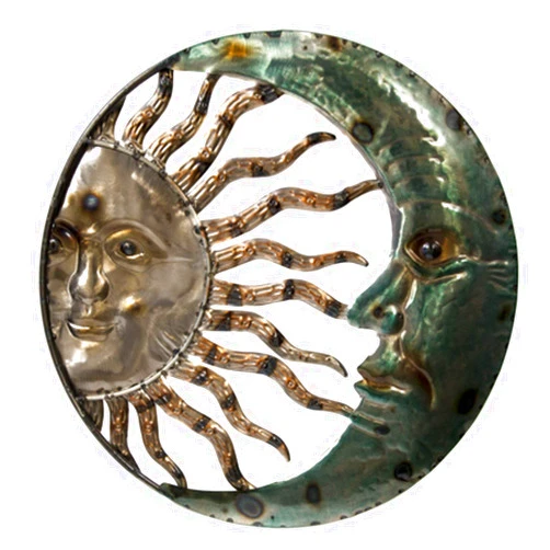 Metal Wall Art Crescent Moon Sun Wall Plaque - Indoor Outdoor Garden Wall Hanging - 20 in Metal Sun Moon Wall Decor