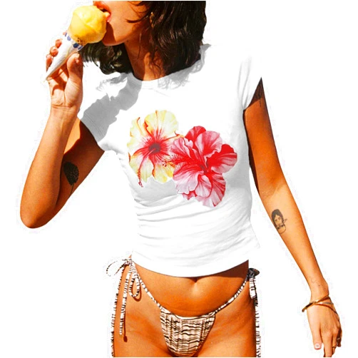 Yojeasrio Graphic Baby Tees for Women Y2k Flower Print Short Sleeve Crop Top Teen Girls Aesthetic Vintage Shirts Summer