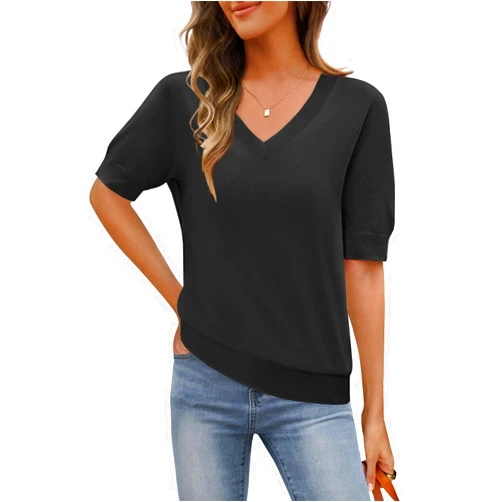 MEROKEETY Women's Summer Short Sleeve Tops Casual V Neck Lightweight Knit Sweater Shirts Blouse