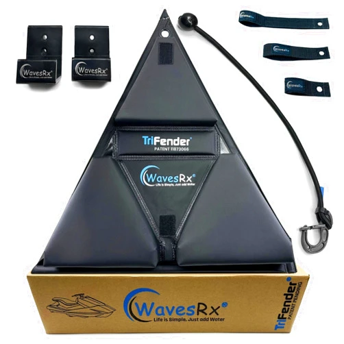 WAVESRX PWC Fender Bumper + Soft Loop Cleats | Safe and Convenient Jet Ski Docking | Patented TriFender Protects Jetski from Dock Rash & Scratches | Easy-to-Store Folding Design + Adjustable Bungee