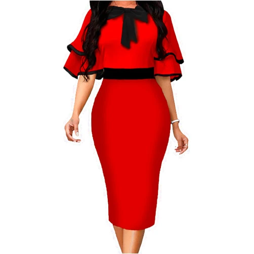 Xinlees Women's Bodycon Pencil Dress Sexy Short Ruffles Sleeve Clubwear Basic Fitted Outfits Casual Midi Dresses