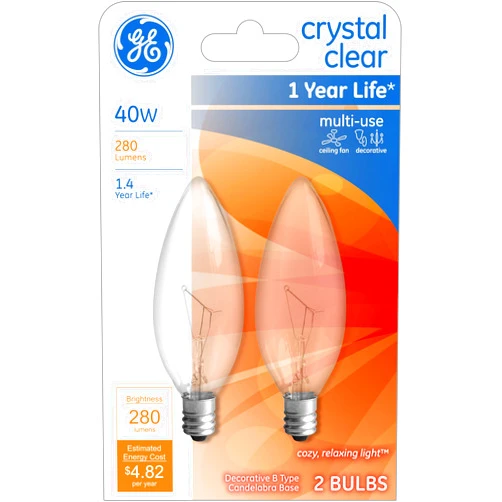 GE Lighting 12165 Light GE2PK40W CLR Blunt Bulb, Incandescent Bulbs, Warm white, 2 Count (Pack of 1), Clear