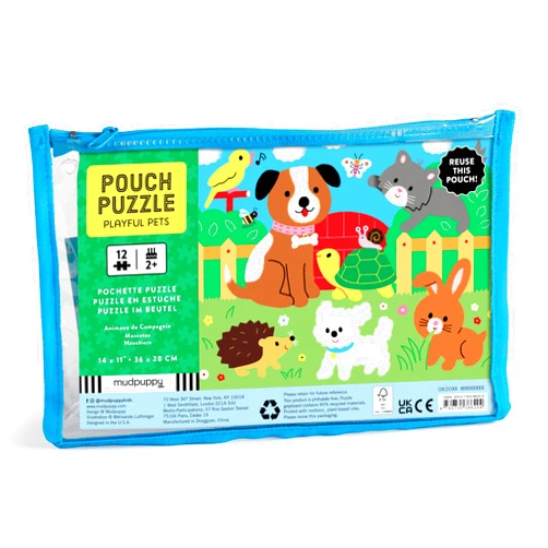 Mudpuppy Playful Pets – 12 Piece Puzzle with Reusable Zipper Pouch Featuring Colorful and Fun Illustrations of Pets Perfect for Easy Storage and Travel