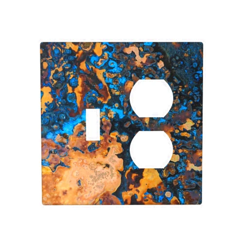 MOYMTEP Antique Brass Copper Metal Rusty Texture Print Switch Plates And Outlet Covers 2 Gang Toggle/Duplex Blue Receptacle Wall Plate Light Switch Cover Plate Decorative Electrical Outlet Covers