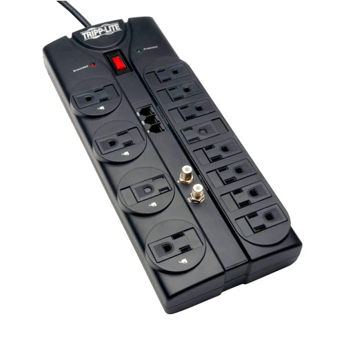 Tripp Lite TLP1208TELTV 12 Outlet Surge Protector Power Strip, 8ft Cord, Right-Angle Plug, Tel/Modem/Coax Protection, RJ11, & Dollar 150,000 Insurance Black