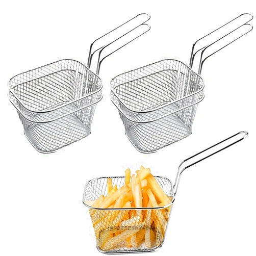 Odowalker 4 Pcs Mini Square Fry Baskets, 4.13×3.3×2.5inch Stainless Steel Fry Basket with Handle Steel French Fry Chip Basket French Fries Desk Food Presentation Mesh Basket Kitchen Cooking Tool