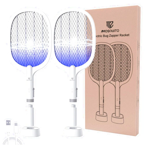 Amosquito Bug Zapper Racket, Electric Fly Swatter Rechargeable Mosquito Zapper Racket for Indoor and Outdoor - 2000mAh - 2 Pack