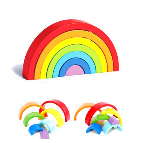 Generic Wooden Rainbow Stacking Learning Toy for Kids Toddlers Baby - 7 Piece Bright Color Rainbow Building Blocks Game with Arch Puzzle Tunnel & Stacker Puzzle