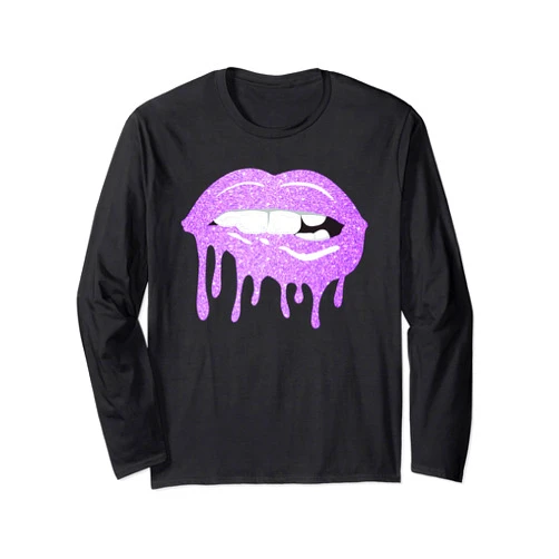 Women's Lips And Kiss Co. Women's Dripping Lips Purple Kiss Lip Biting Purple Lips Long Sleeve T-Shirt