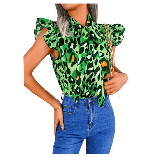 Floerns Women's Leopard Print Cap Flounce Sleeve Tops Casual Tie Neck Blouses Shirts