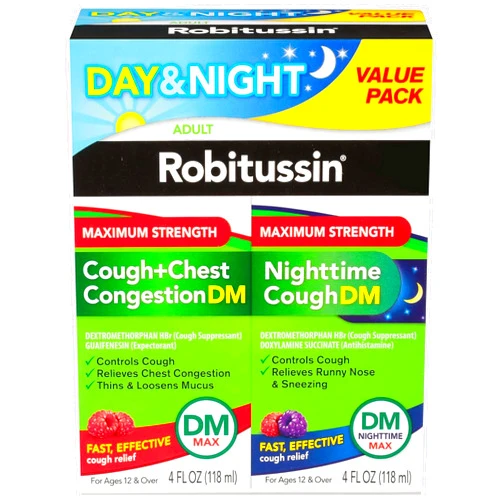 Robitussin Maximum Strength Cough + Chest Congestion DM And Maximum Strength Nighttime Cough DM, Cough Medicine For Adults, Berry Flavor - 4 Fl Oz Bottles (Pack of 2)
