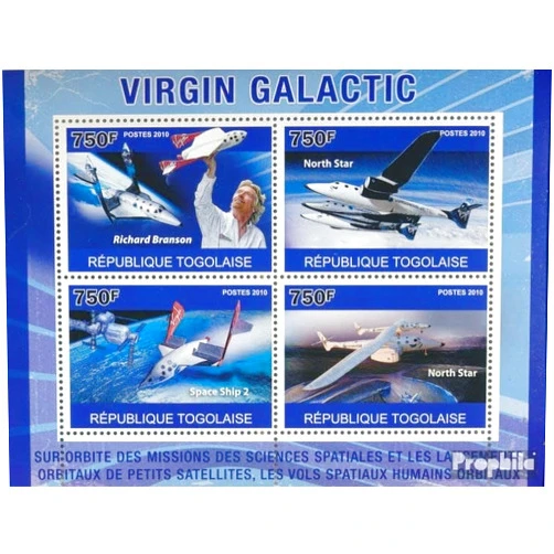 Prophila Collection Togo 3729-3732 Sheetlet (Complete. Issue) unmounted Mint/Never hinged ** MNH 2010 Virgin Galactic (Stamps for Collectors) Airplanes/Balloons/Zeppelins/Aviation
