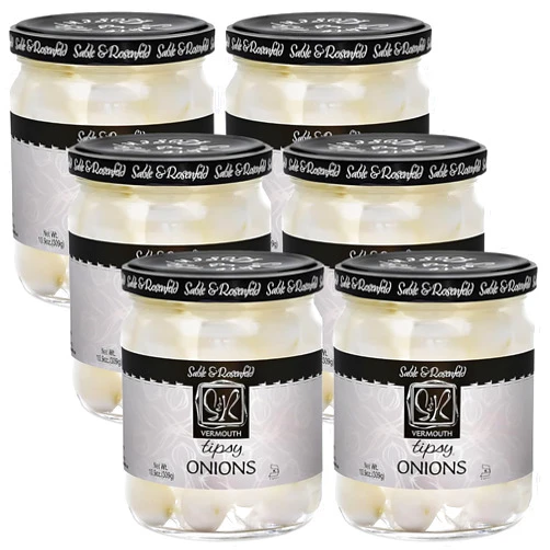 Sable & Rosenfeld Vermouth Tipsy Onions, 10.9 oz (Pack of 6), Gourmet Pickled Silverskin Cocktail Onions in Jar, Kosher, Gluten-Free Martini Garnish