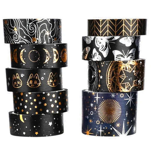 AEBORN Black Gold Washi Tape - Foil Washi Masking Tape Set with Galaxy, Moon, Star, Cat, Silver Butterfly - Decorative Tape Perfect for Bullet Journal, Girls Scrapbook, Kids DIY Crafts
