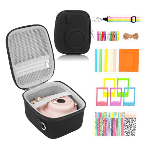 Blummy Portable Camera Case Set Compatible with Instax Mini 12/11/9/8 Camera - Package Includes:Camera Case,Photo Decoration Stickers, Color Photo Frame, Colored Shoulder Straps (Black) EVA Black