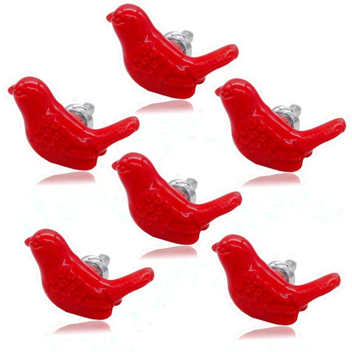 Tecrio 6pcs-Pack Vintage Ceramic Drawer Knobs and Pulls, Birds Art Decor Cupboard Dresser Cabinet Knobs and Handles for Kids-Room Bathroom Kitchen-Room Door Closet w/Screws Red