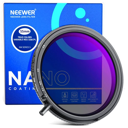 NEEWER 55mm True Colors Variable ND Filter ND2-ND32 & CPL, 2 in 1 Adjustable Neutral Density and Circular Polarizing Filter, Multi Coated HD Optical Glass/Aluminum Frame