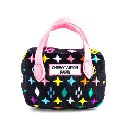 Haute Diggity Dog Black Monogram Chewy Vuiton Handbag, Plush Designer Dog Toys with Interactive Squeaker, Stimulating Pet Enrichment, Machine-Washable & Safe Materials for All Breeds, Size Small