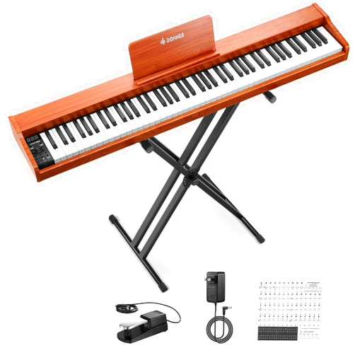 Donner DEP-1S Piano Keyboard 88 Keys, Beginner Digital Piano with 88 Key Velocity-Sensitive Keyboard, Record, Bluetooth, Chord, Bundle With Piano Stand, Piano Stickers, Sustain Pedal, Retro Wood Color