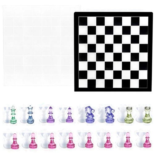 Sweetfamily Chess Resin Mold Set,1Pc Silicone Chess Board Mold and 16 Pcs Full Size 3D Chess Epoxy Molds and Checker Resin Casting Mold for DIY Crafts Making Board Games Supplies