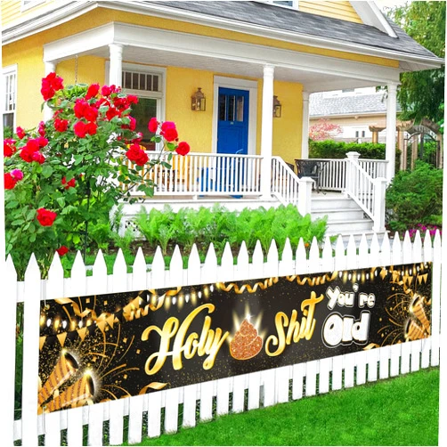 Meltelof Holy Shit You’re Old Banner Large Funny Adult Birthday Decor, 30th 40th 50h 60th 70th 80th 90th Birthday Banner,Happy Birthday Lawn Sign Porch Sign Indoor Outdoor Backdrop 8.9 x 1.6 Feet